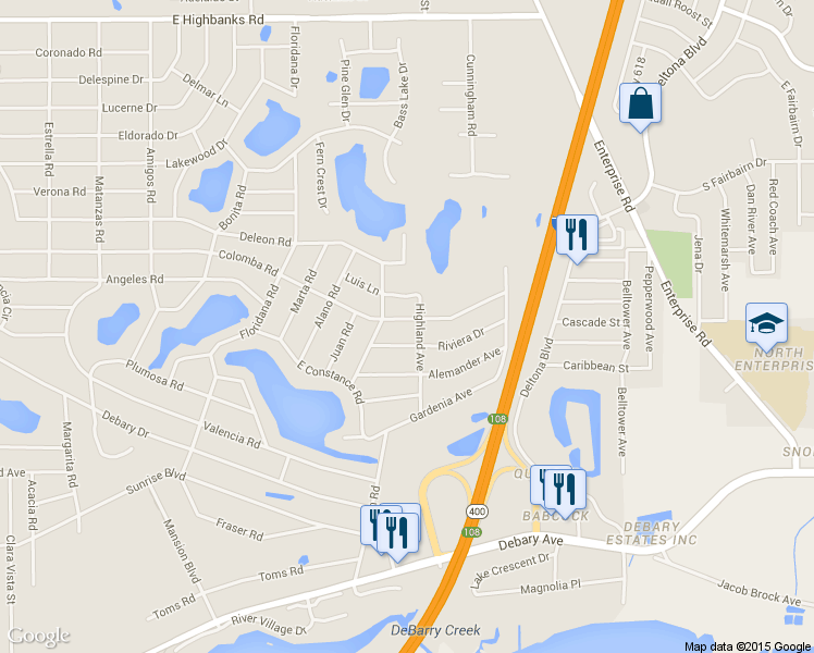 map of restaurants, bars, coffee shops, grocery stores, and more near 315 Colomba Road in DeBary