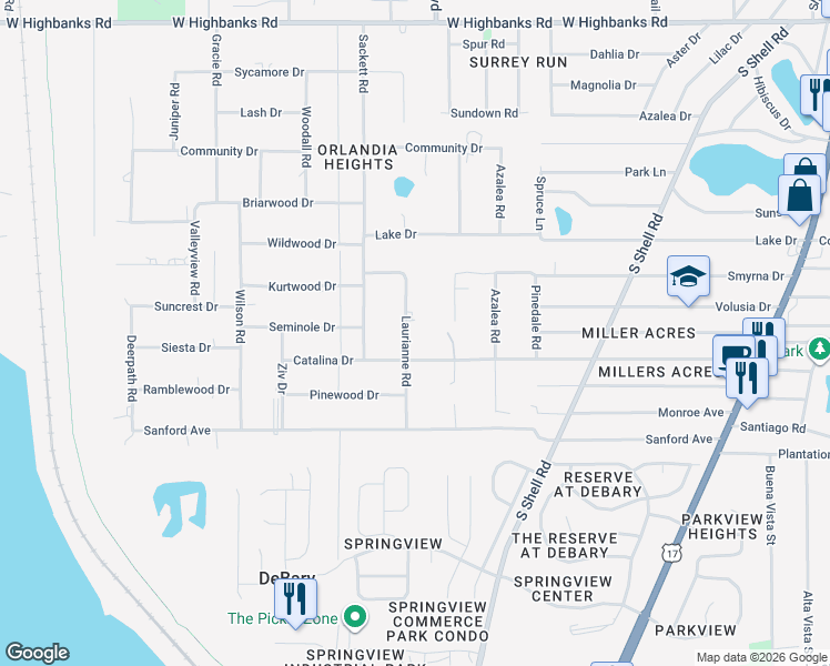map of restaurants, bars, coffee shops, grocery stores, and more near 129 Laurianne Road in DeBary