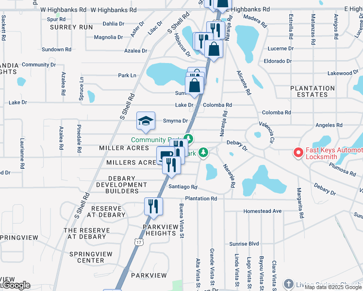 map of restaurants, bars, coffee shops, grocery stores, and more near in DeBary