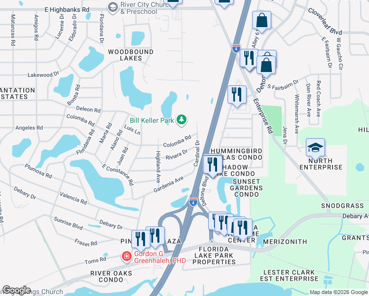 map of restaurants, bars, coffee shops, grocery stores, and more near 338 Riviera Drive in DeBary