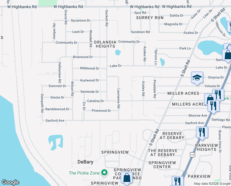 map of restaurants, bars, coffee shops, grocery stores, and more near 129 Laurianne Road in DeBary