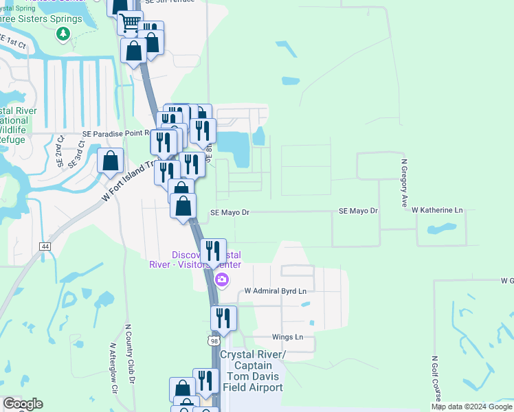 map of restaurants, bars, coffee shops, grocery stores, and more near 951 Southeast Mayo Drive in Crystal River