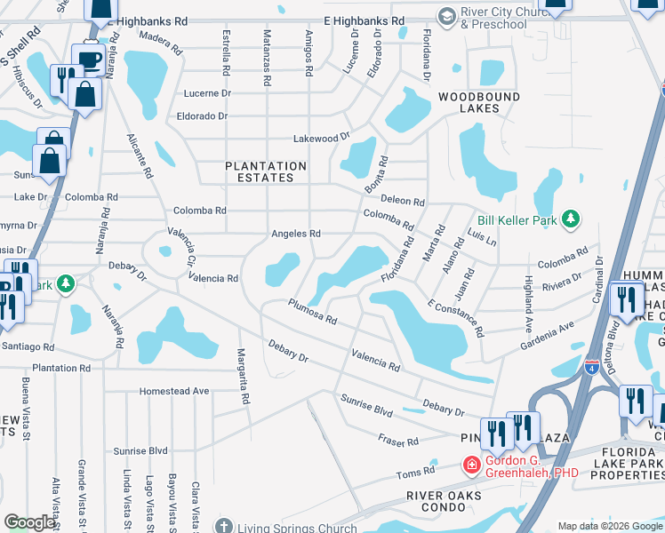 map of restaurants, bars, coffee shops, grocery stores, and more near 123 Bonita Road in DeBary