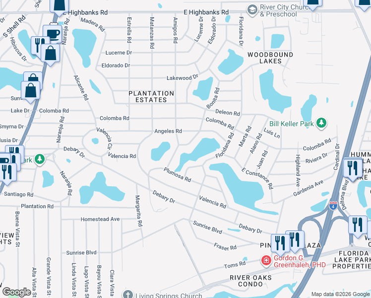 map of restaurants, bars, coffee shops, grocery stores, and more near 123 Bonita Road in DeBary