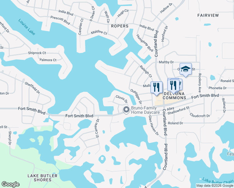 map of restaurants, bars, coffee shops, grocery stores, and more near 2900 Clovis Drive in Deltona
