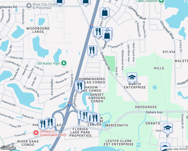 map of restaurants, bars, coffee shops, grocery stores, and more near 141 Cascade Street in Deltona
