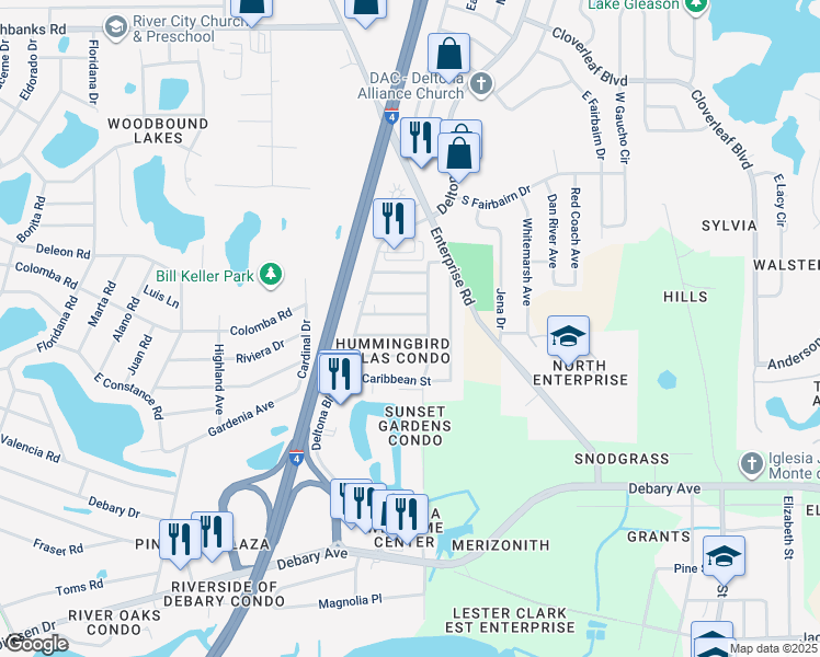 map of restaurants, bars, coffee shops, grocery stores, and more near 141 Cascade Street in Deltona