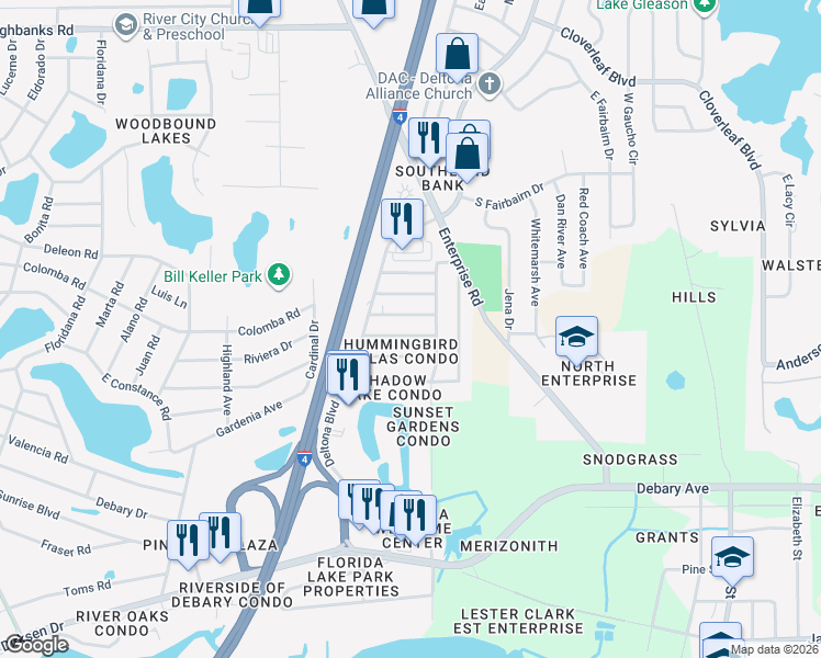 map of restaurants, bars, coffee shops, grocery stores, and more near 141 Cascade Street in Deltona