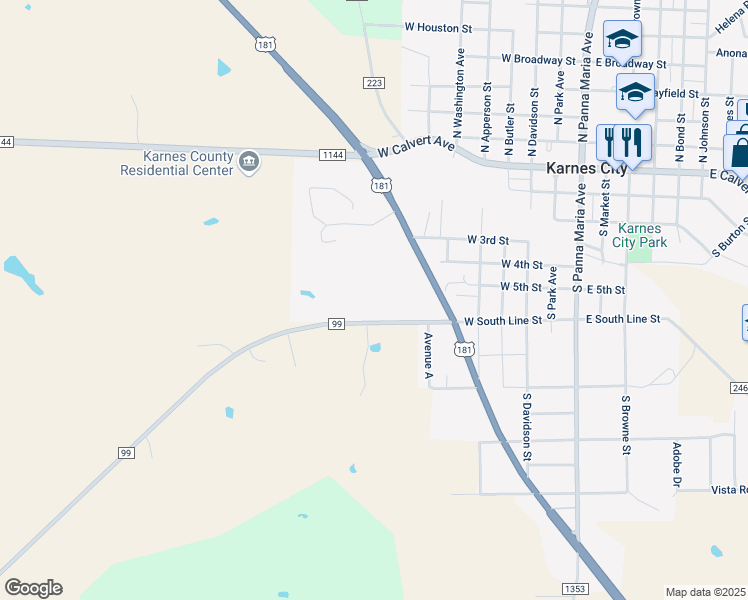 map of restaurants, bars, coffee shops, grocery stores, and more near 769 West South Line Street in Karnes City