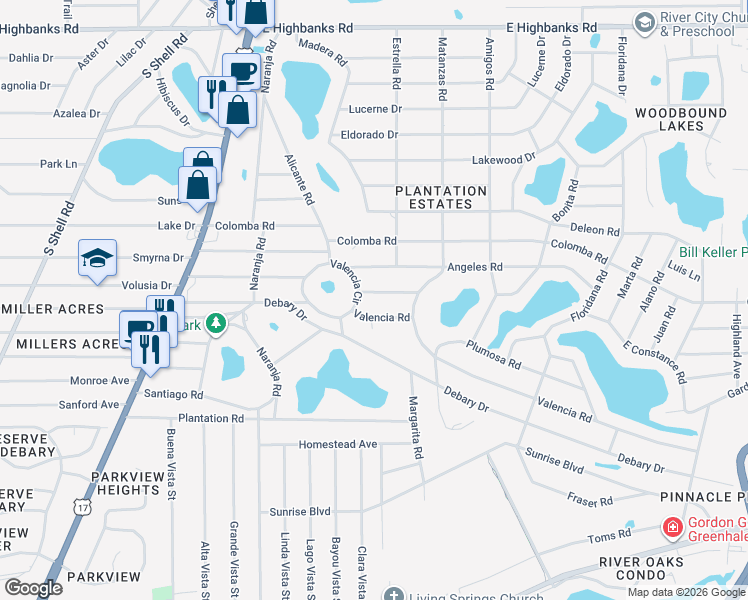 map of restaurants, bars, coffee shops, grocery stores, and more near 138 Marsella Road in DeBary
