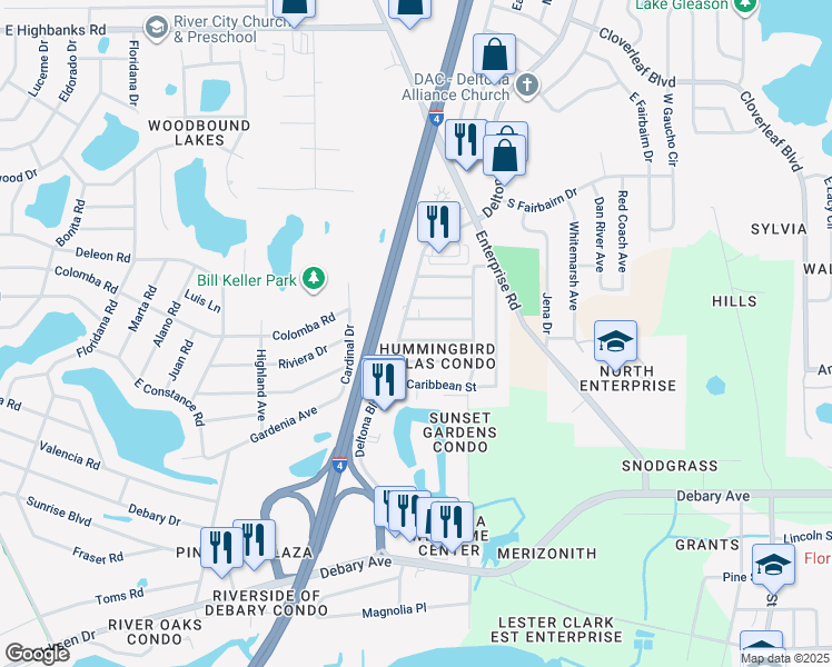 map of restaurants, bars, coffee shops, grocery stores, and more near 102 Cascade Street in Deltona