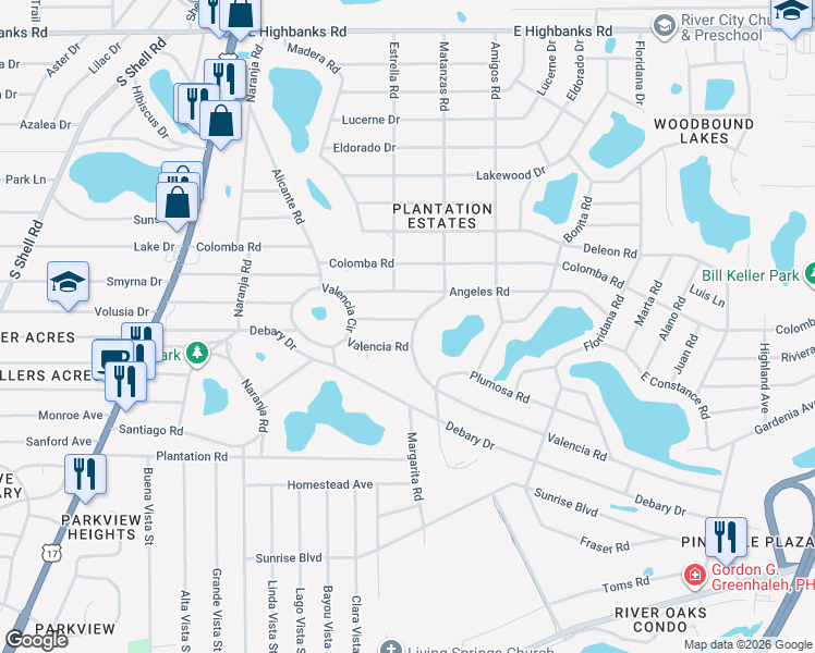 map of restaurants, bars, coffee shops, grocery stores, and more near 148 Marsella Road in DeBary