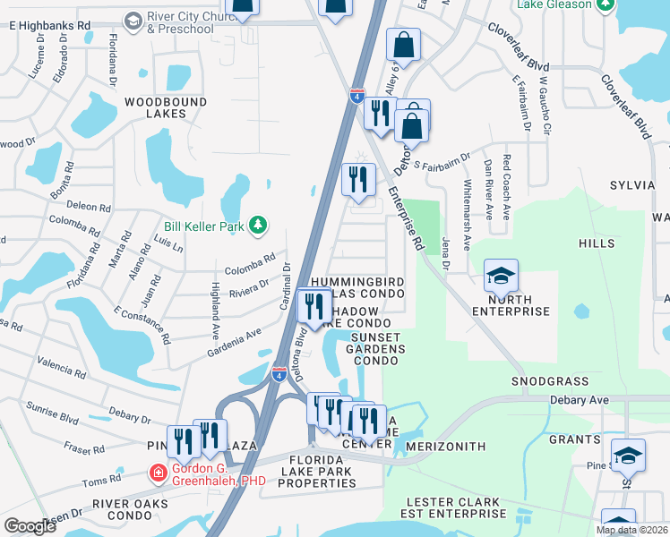 map of restaurants, bars, coffee shops, grocery stores, and more near 102 Cascade Street in Deltona