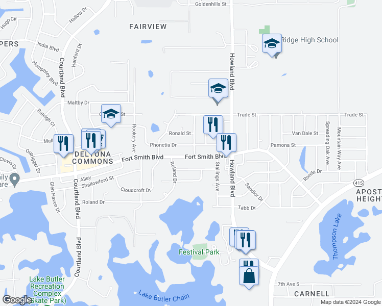 map of restaurants, bars, coffee shops, grocery stores, and more near 154 Fort Smith Boulevard in Deltona