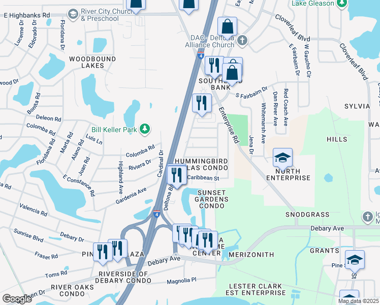 map of restaurants, bars, coffee shops, grocery stores, and more near 637 Deltona Boulevard in Deltona
