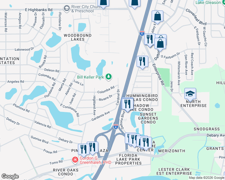 map of restaurants, bars, coffee shops, grocery stores, and more near 338 Riviera Drive in DeBary