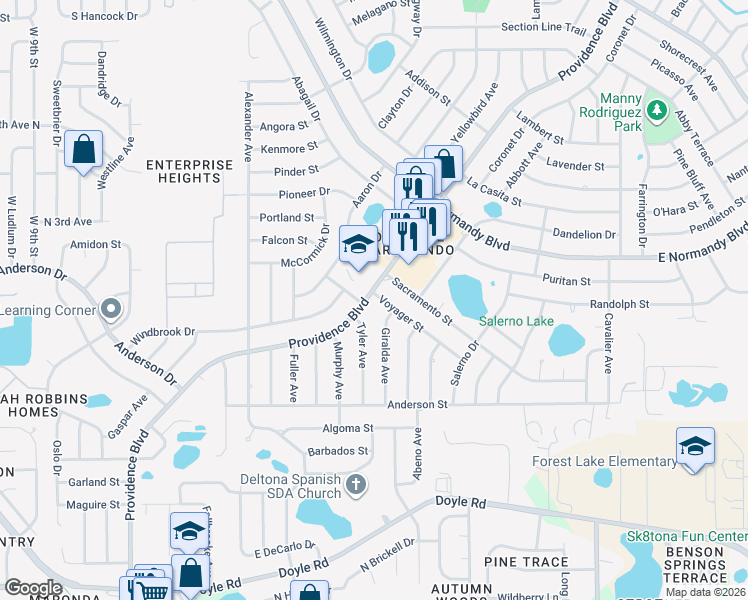 map of restaurants, bars, coffee shops, grocery stores, and more near 1191 Providence Boulevard in Deltona