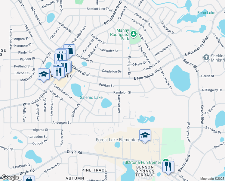 map of restaurants, bars, coffee shops, grocery stores, and more near 1474 Randolph Street in Deltona