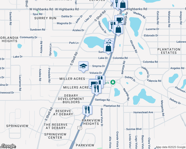 map of restaurants, bars, coffee shops, grocery stores, and more near 14 Volusia Drive in DeBary