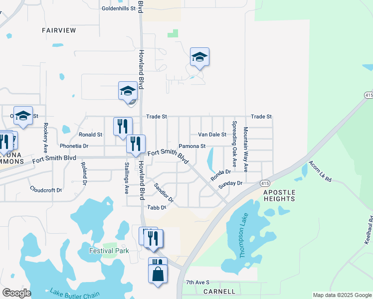 map of restaurants, bars, coffee shops, grocery stores, and more near 3702 Pamona Street in Deltona