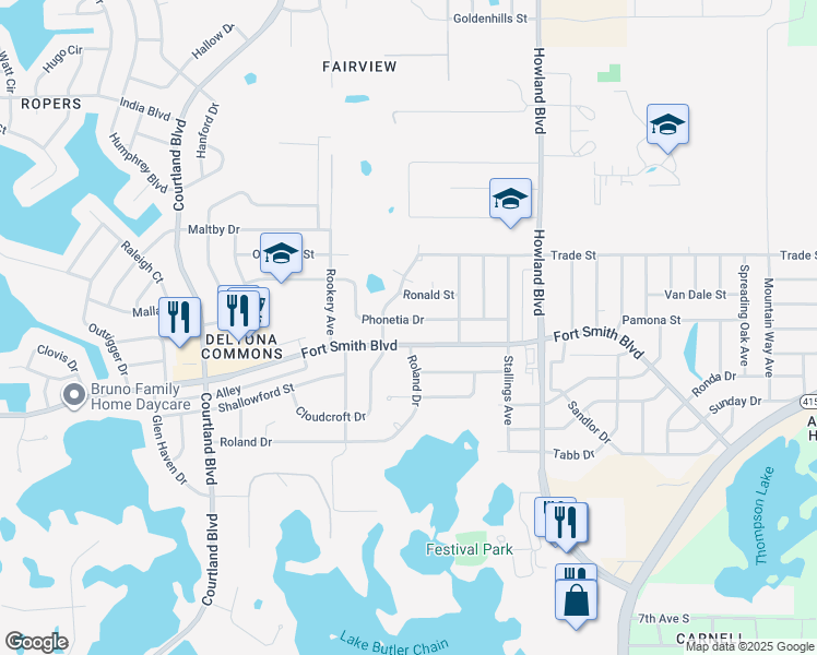 map of restaurants, bars, coffee shops, grocery stores, and more near 3320 Phonetia Drive in Deltona