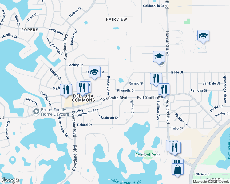 map of restaurants, bars, coffee shops, grocery stores, and more near 3275 Phonetia Drive in Deltona