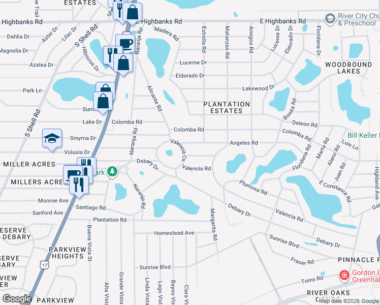 map of restaurants, bars, coffee shops, grocery stores, and more near 135 Angeles Road in DeBary