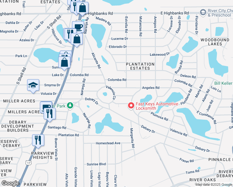 map of restaurants, bars, coffee shops, grocery stores, and more near 135 Angeles Road in DeBary