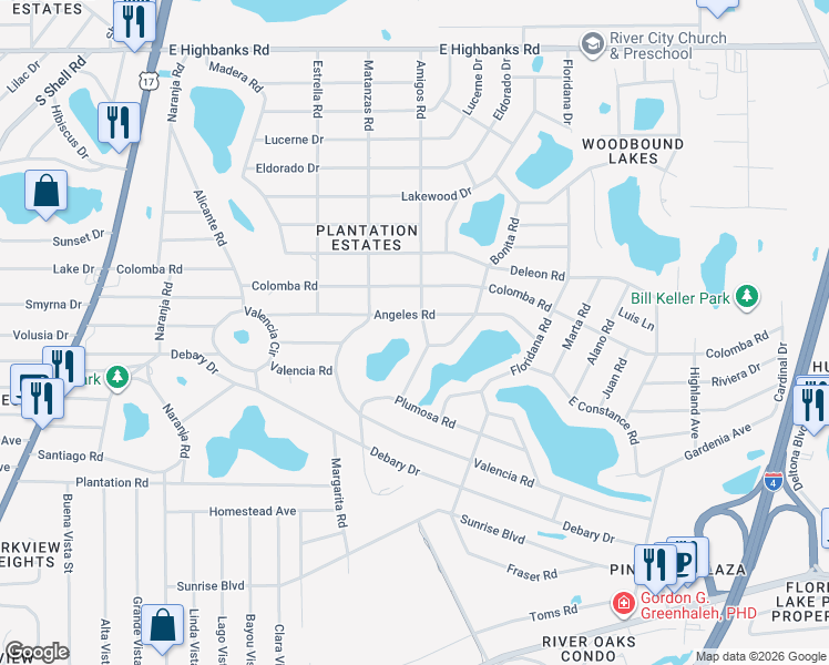 map of restaurants, bars, coffee shops, grocery stores, and more near 108 Amigos Road in DeBary
