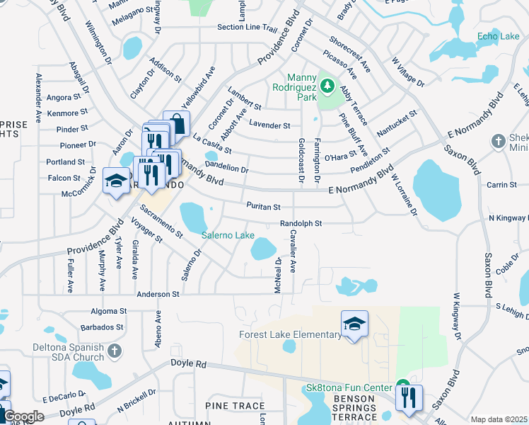 map of restaurants, bars, coffee shops, grocery stores, and more near 1441 Puritan Street in Deltona