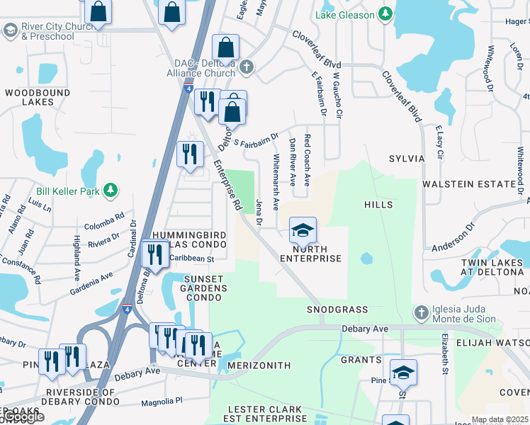map of restaurants, bars, coffee shops, grocery stores, and more near 635 Jena Drive in Deltona