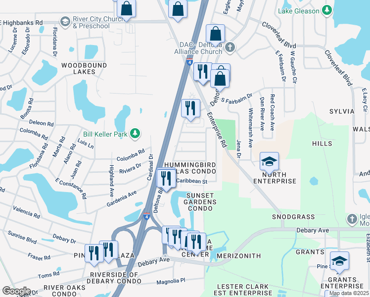 map of restaurants, bars, coffee shops, grocery stores, and more near 131 Hazelcrest Street in Deltona