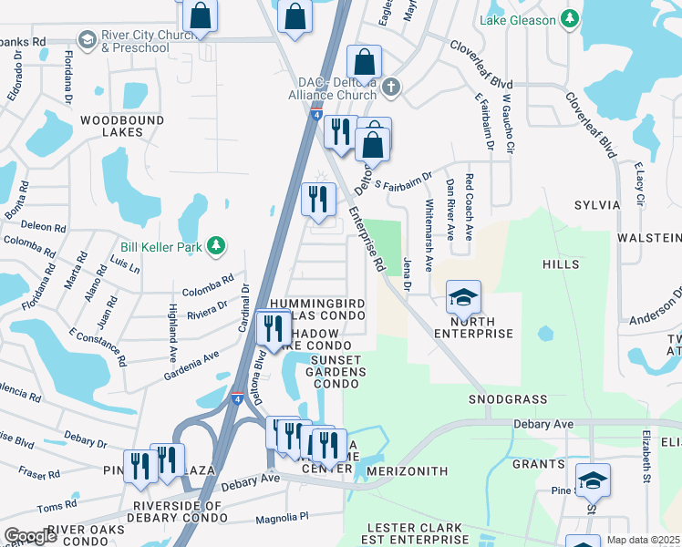 map of restaurants, bars, coffee shops, grocery stores, and more near 162 Landmark Street in Deltona