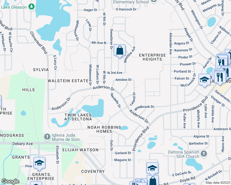 map of restaurants, bars, coffee shops, grocery stores, and more near 809 Anderson Drive in Deltona