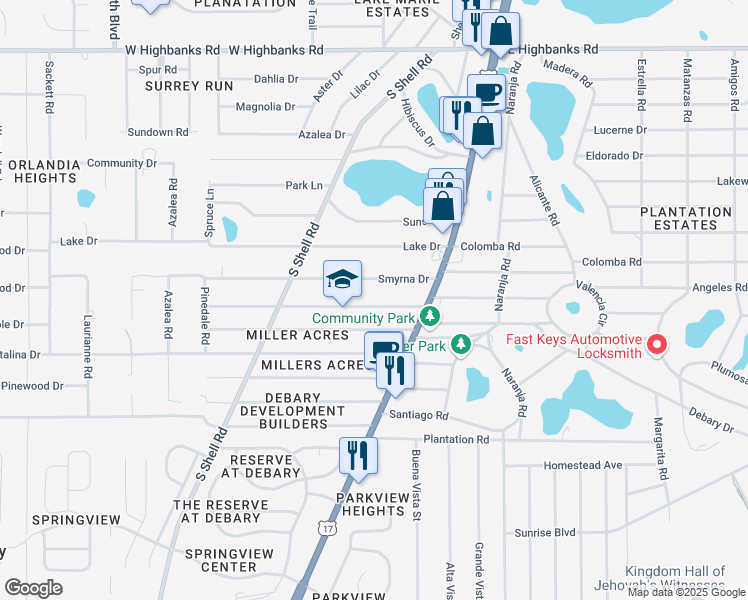 map of restaurants, bars, coffee shops, grocery stores, and more near 14 Volusia Drive in DeBary