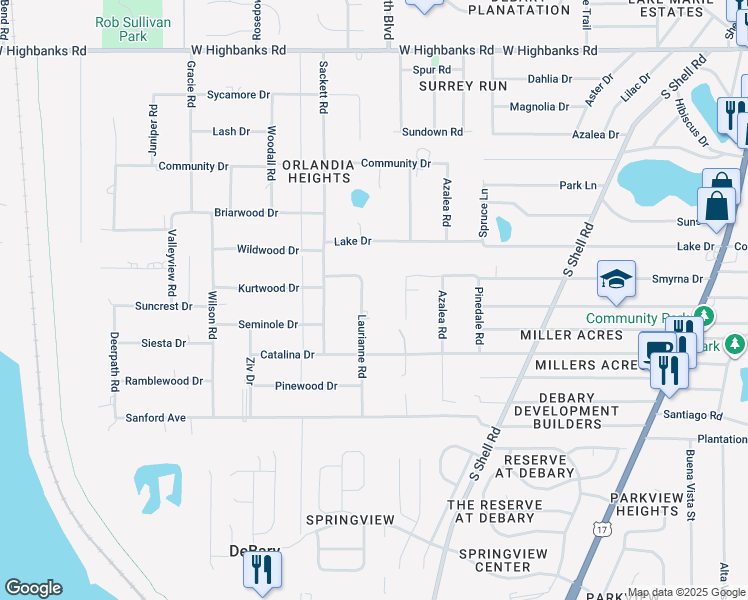 map of restaurants, bars, coffee shops, grocery stores, and more near 119 Laurianne Road in DeBary