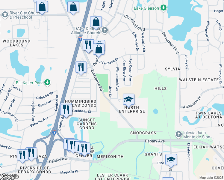 map of restaurants, bars, coffee shops, grocery stores, and more near 635 Jena Drive in Deltona