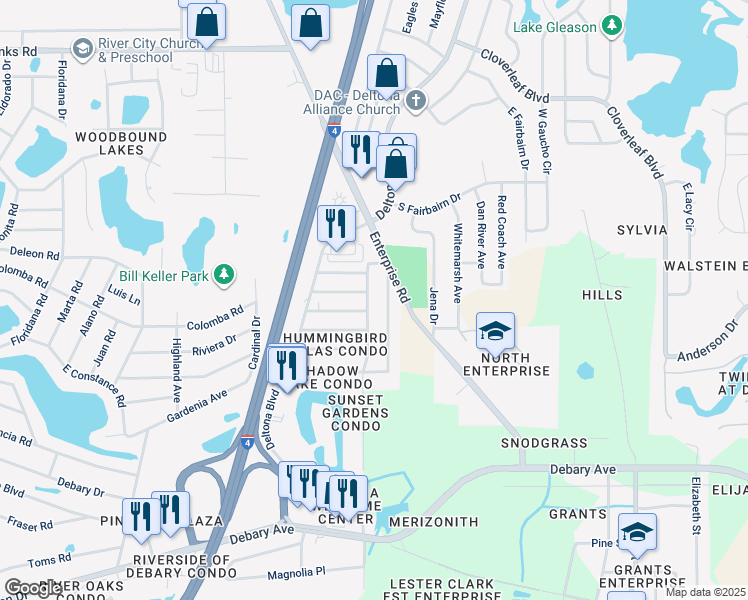 map of restaurants, bars, coffee shops, grocery stores, and more near 665A Belltower Avenue in Deltona