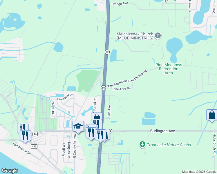 map of restaurants, bars, coffee shops, grocery stores, and more near 910 Pine Meadows Golf Course Road in Eustis