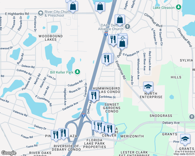 map of restaurants, bars, coffee shops, grocery stores, and more near 662 Deltona Boulevard in Deltona