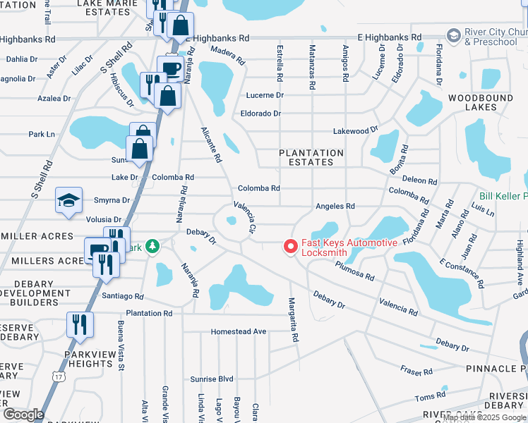 map of restaurants, bars, coffee shops, grocery stores, and more near 135 Angeles Road in DeBary