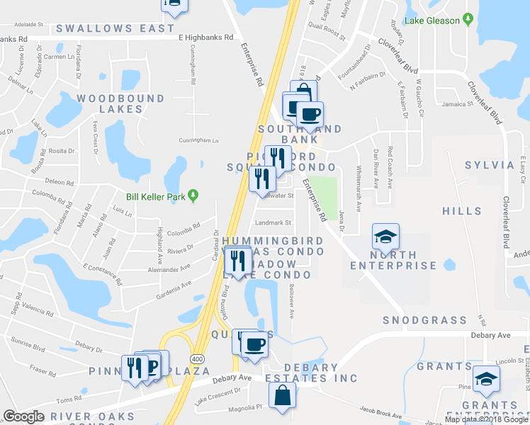 map of restaurants, bars, coffee shops, grocery stores, and more near 131 Hazelcrest Street in Deltona