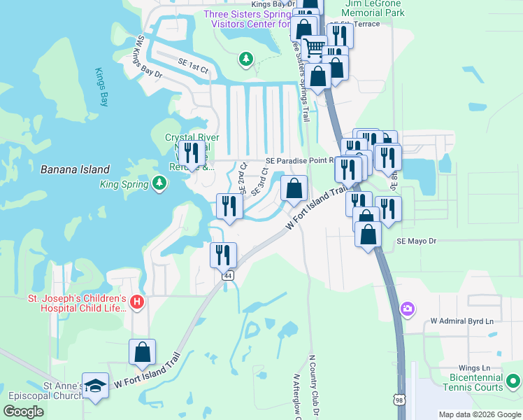map of restaurants, bars, coffee shops, grocery stores, and more near 9255 West Harbor Isle Court in Crystal River