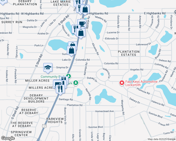 map of restaurants, bars, coffee shops, grocery stores, and more near 106 Palmira Road in DeBary