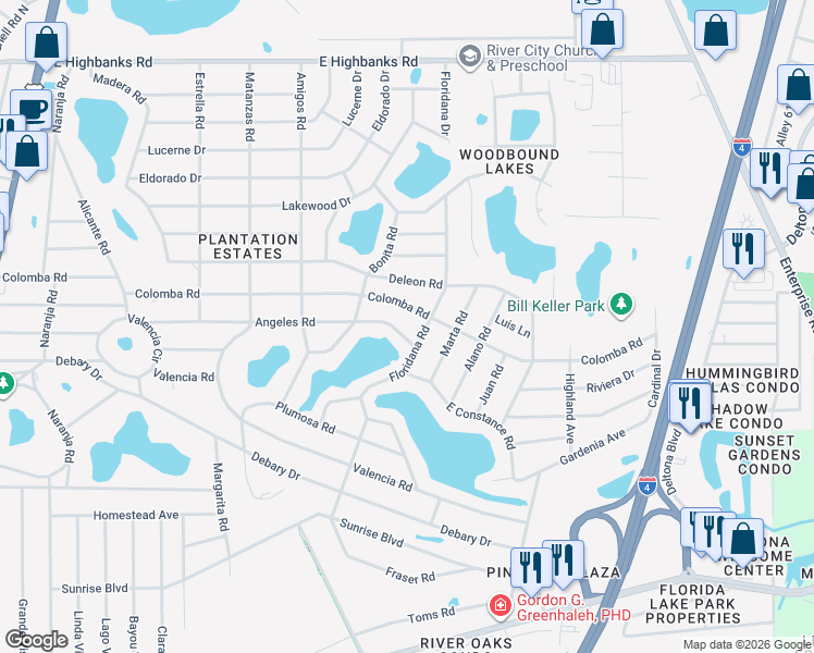 map of restaurants, bars, coffee shops, grocery stores, and more near 250 Angeles Road in DeBary