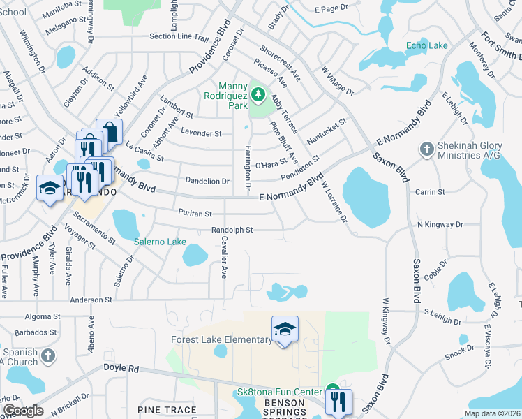 map of restaurants, bars, coffee shops, grocery stores, and more near 1570 Puritan Street in Deltona