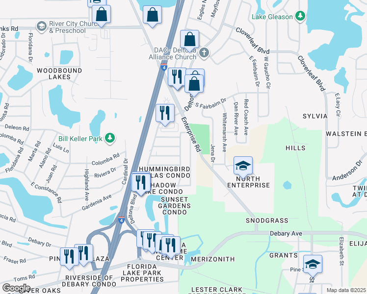 map of restaurants, bars, coffee shops, grocery stores, and more near 673 Belltower Avenue in Deltona