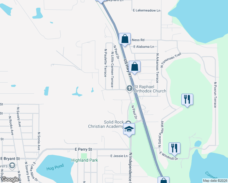 map of restaurants, bars, coffee shops, grocery stores, and more near 4000 East David Street in Inverness