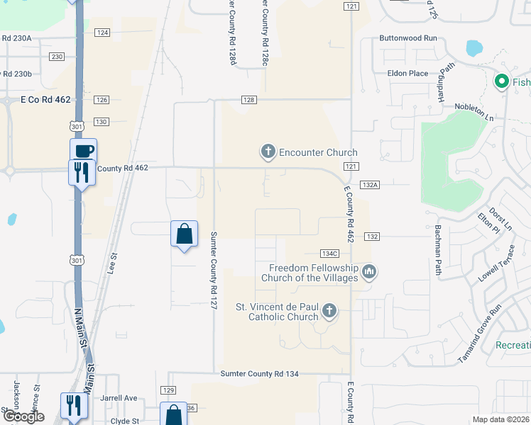 map of restaurants, bars, coffee shops, grocery stores, and more near 4621 East Co Road 462 in Wildwood