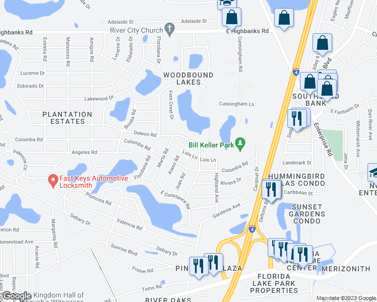 map of restaurants, bars, coffee shops, grocery stores, and more near 272 Luis Lane in DeBary